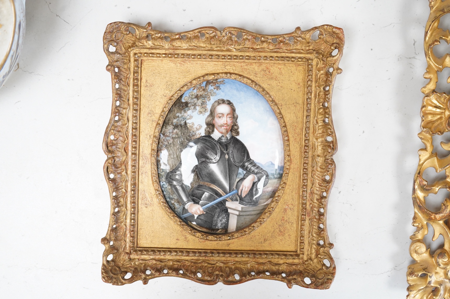 A gilt framed oval miniature of Charles I, enamel on copper, 15x12cm excl frame